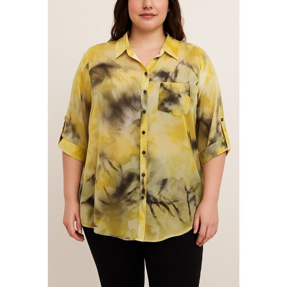 Torrid Size 2X Sheer Blouse Yellow Abstract Print Button Down 3/4 Sleeve Casual - Picture 1 of 12